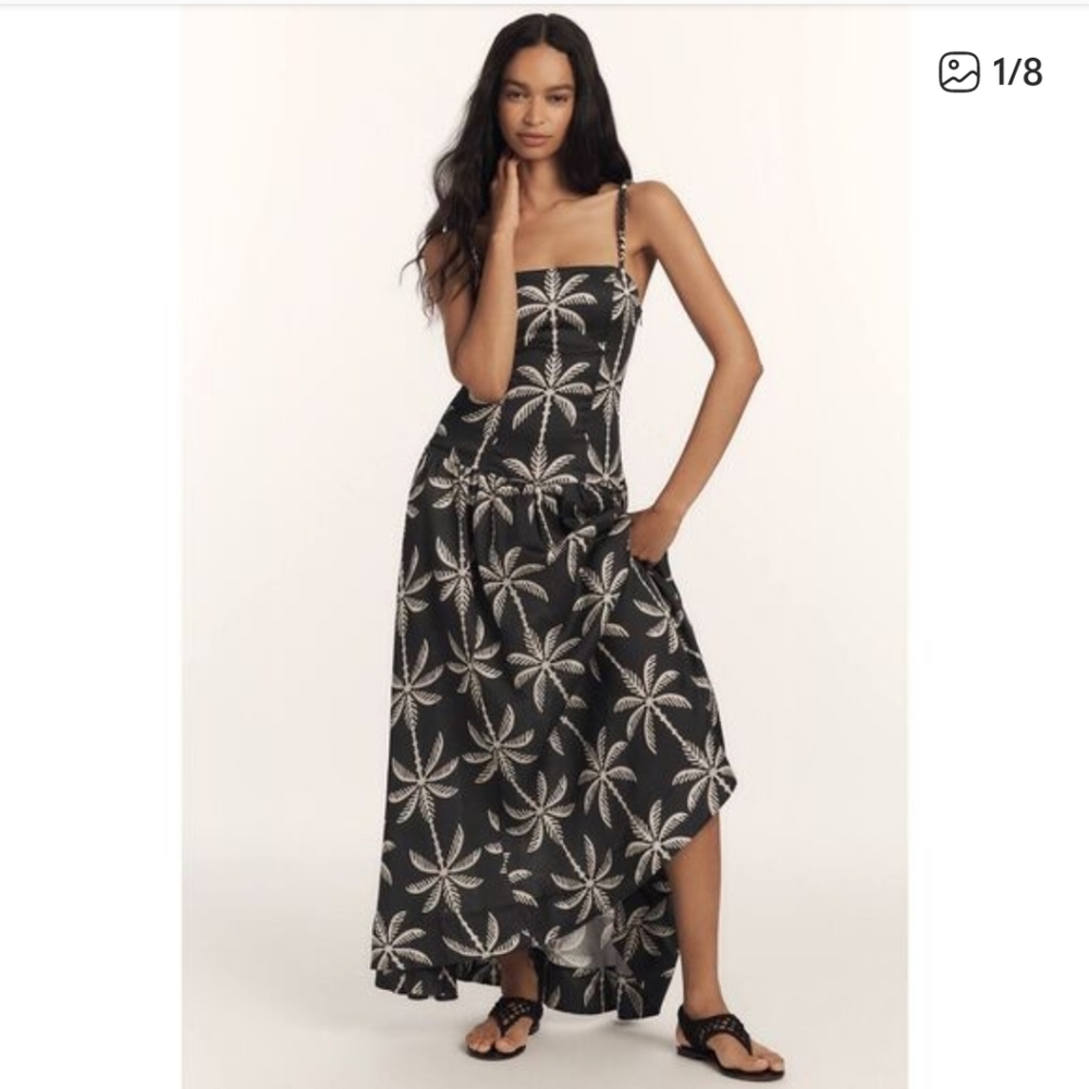 Anthropologie La Maise Black and White Palm Print Maxi Dress Drop Waist Small
